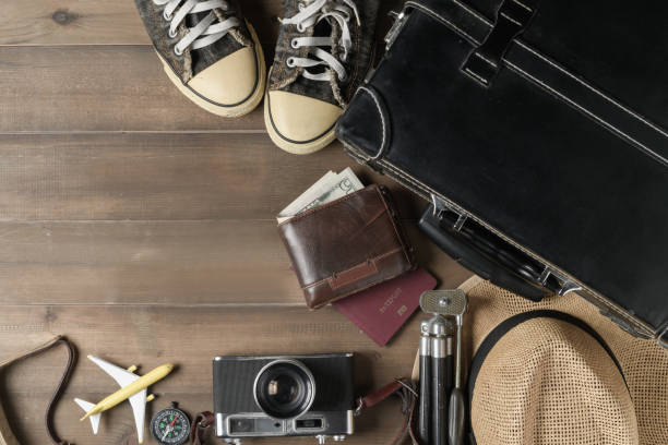 istock Prepare accessories for travel on vintage tone 1038246336