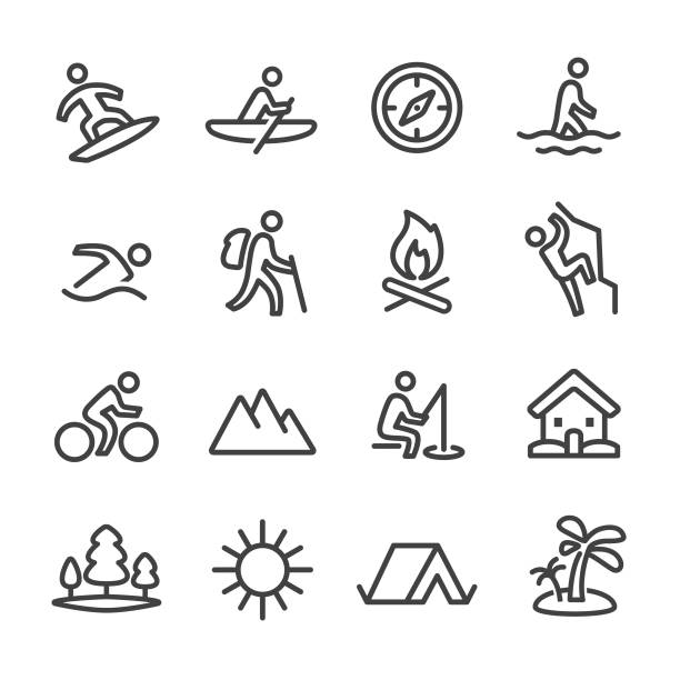 sommer erholung icons - line serie - recreational pursuit mountain biking nature outdoors stock-grafiken, -clipart, -cartoons und -symbole