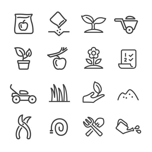 ilustrações de stock, clip art, desenhos animados e ícones de gardening icons - line series - shovel trowel dirt plant