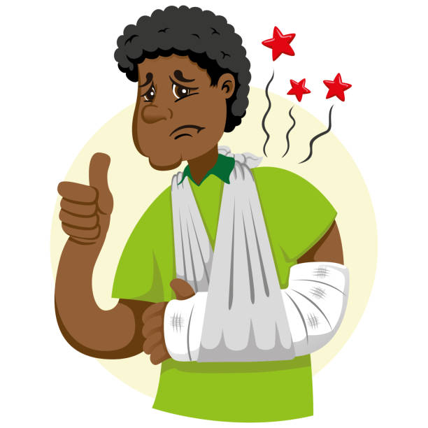maskot ben orang manusia, dengan lengan diperban, patah tulang, tidak bergerak, menggunakan sling sementara. ideal untuk informasi dan kelembagaan yang terkait dengan kedokteran - penyangga lengan ilustrasi stok