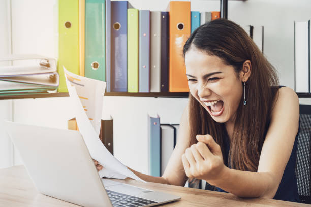 istock Confident Business woman with emotion happy with successful. 1038257512