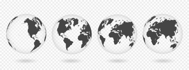 ilustrações, clipart, desenhos animados e ícones de conjunto de globos transparentes da terra. mapa de mundo realista em forma de globo com textura transparente e sombra - continents travel travel destinations europe