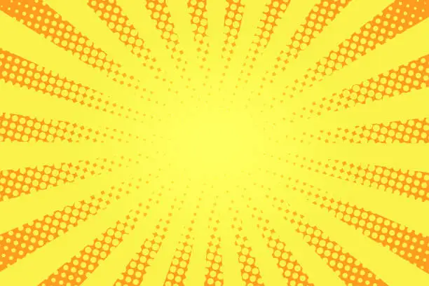 Vector illustration of Comic book style background. Halftone texture, vintage dotted background in pop art style. Retro sun rays, sunbeams