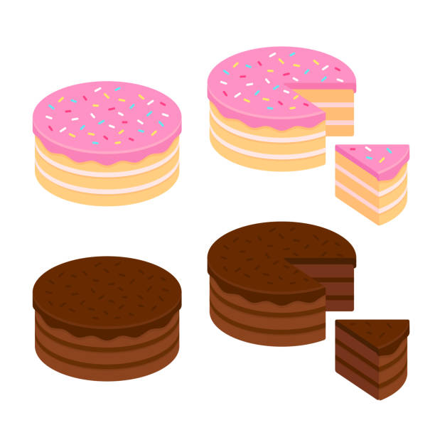 Cake illustration set Birthday cake and chocolate cake isometric set, whole and cut slice. Isolated vector illustration. cake stock illustrations