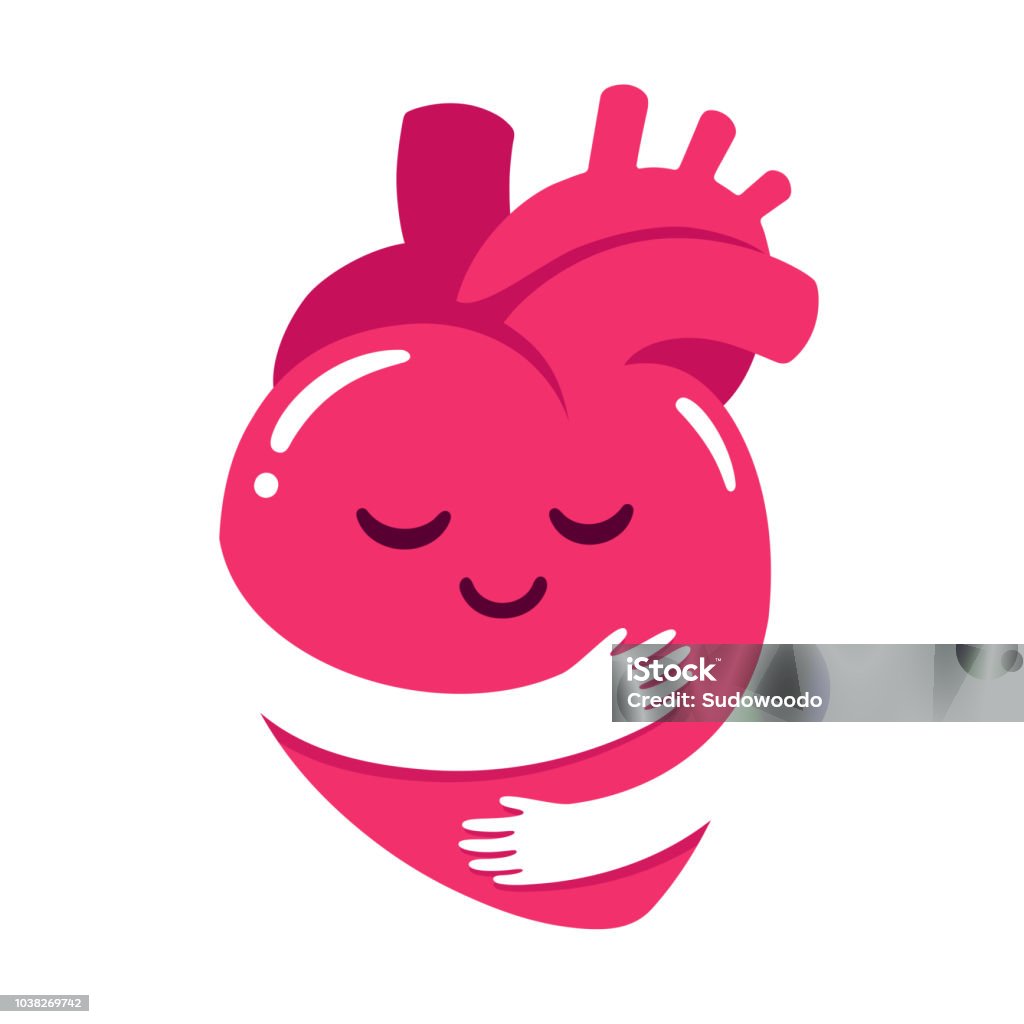 Love yourself heart hug Love yourself, cute cartoon heart character hug. Realistic anatomic heart with hugging arms shape. Self care and happiness vector illustration. Heart - Internal Organ stock vector