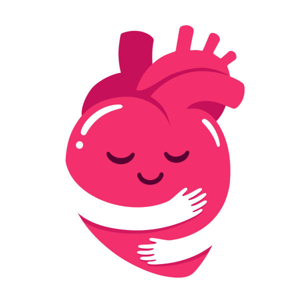 Love yourself heart hug Love yourself, cute cartoon heart character hug. Realistic anatomic heart with hugging arms shape. Self care and happiness vector illustration. heart internal organ stock illustrations
