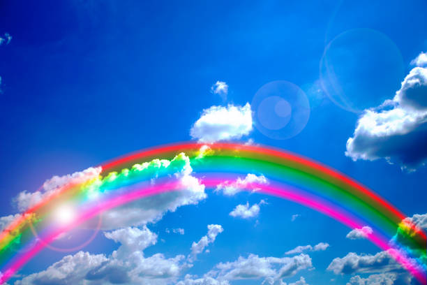 istock Rainbow on clear blue sky with white clouds after raining on sunny morning day on period between summer to rainy season can be use as background of any content about nature or fantasy story. 1038288210