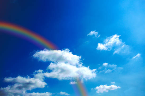 istock Rainbow on clear blue sky with white clouds after raining on sunny morning day on period between summer to rainy season can be use as background of any content about nature or fantasy story. 1038288264