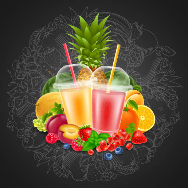 Fruit and berries smoothie Fruits and berries smoothie in disposable plastic cups. Circle design element in hand drawn doodle style with different fruits and berries on chalkboard background. Vector illustration. smoothie stock illustrations