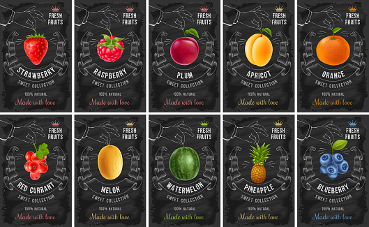 Fruit and berries labels set with realistic fruits and creative design in chalk drawing style. Vector illustration.