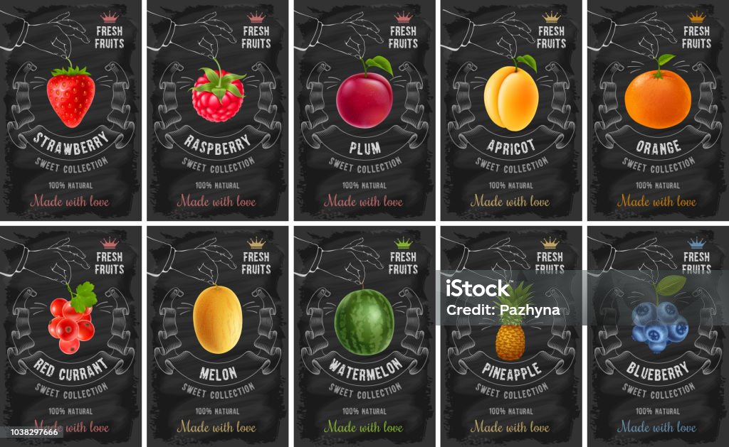 Fruit and berries labels set Fruit and berries labels set with realistic fruits and creative design in chalk drawing style. Vector illustration. Fruit stock vector