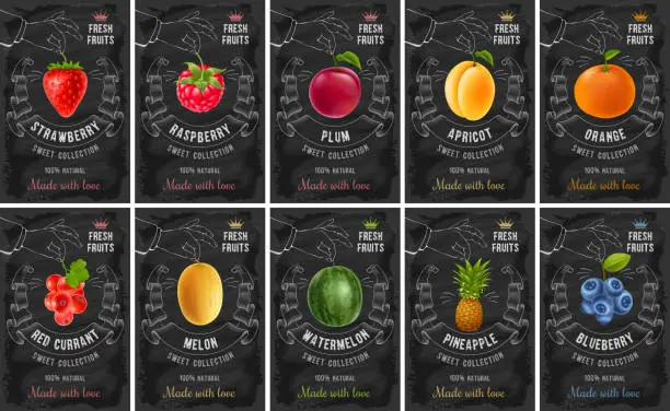 Vector illustration of Fruit and berries labels set