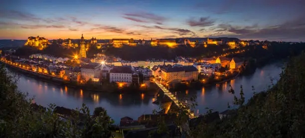 Panoramic image of Burghausen city with the longest castle of the world shot at blue hour