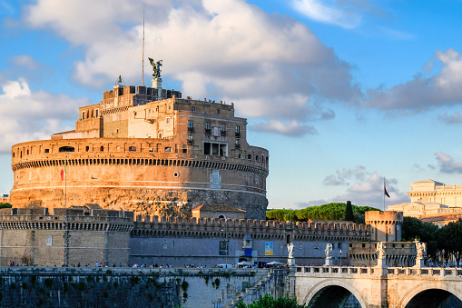 ROME, ITALY - SEPTEMBER 06, 2017 - Beautiful evening view of Castel Sant Angelo also known as Mausoleum of Hadrian, and Ponte SantAngelo, in Rome, Italy.