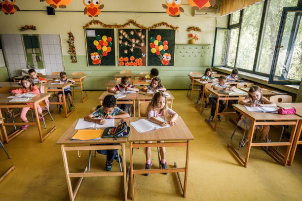 istock Large group of elementary students writing a dictation in the classroom. 1038328354