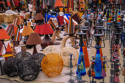 Selfmade African craft work being sold on a small market in the city center of Nairobi