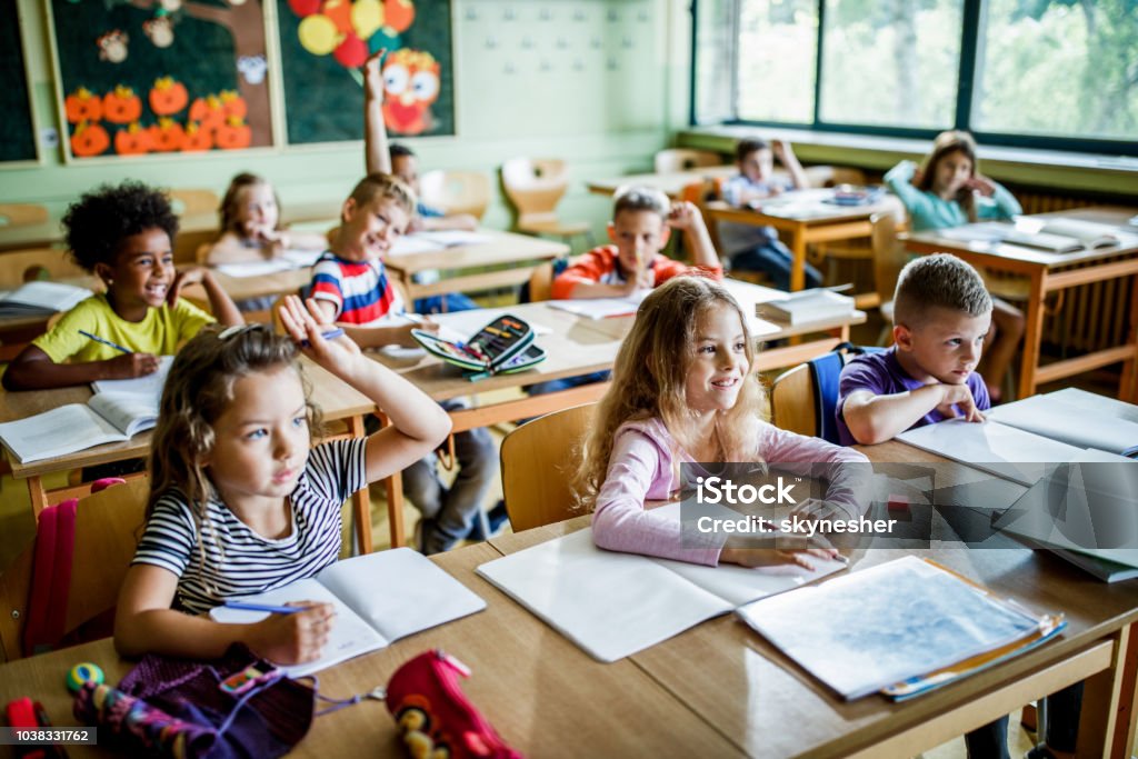 Large Group Of Elementary Students In The Classroom Stock Photo ...