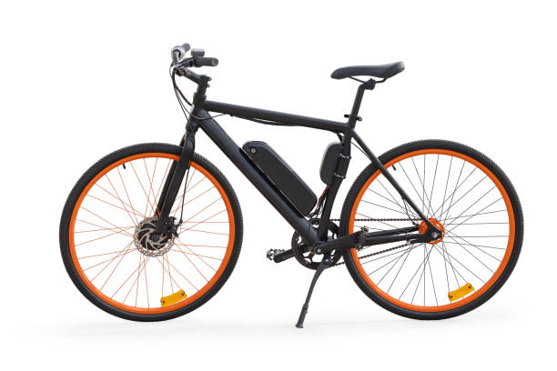 Black electric bike isolated with clipping path Black electric bike side view. Isolated on white, clipping path included electric bicycle photos stock pictures, royalty-free photos & images