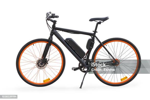 Black Electric Bike Isolated With Clipping Path Stock Photo - Download Image Now - Electric Bicycle, Bicycle, Cycling
