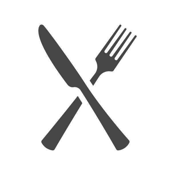 Black silhouette of crossed fork and knife icon vector isolated. Black silhouette of crossed fork and knife icon vector isolated. kitchen knife stock illustrations