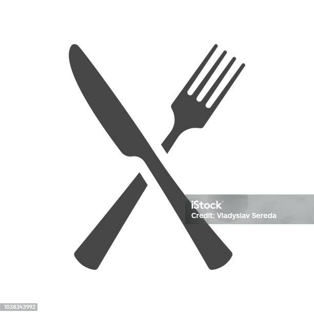 Black Silhouette Of Crossed Fork And Knife Icon Vector Isolated Stock Illustration - Download Image Now