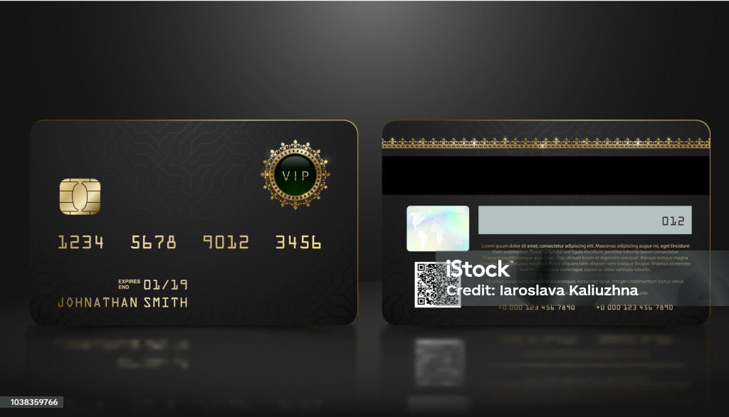 Vector realistic black credit card with abstract geometric background. Golden element credit card dark design template. Bank presentation with hologram, qr-code and magnetic strip. Vector realistic black credit card with abstract geometric background. Golden element credit card dark design template. Bank presentation with hologram, qr-code and magnetic strip Credit Card stock vector