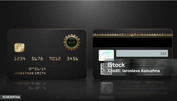 Vector Realistic Black Credit Card With Abstract Geometric Background Golden Element Credit Card Dark Design Template Bank Presentation With Hologram Qrcode And Magnetic Strip Stock Illustration - Download Image Now