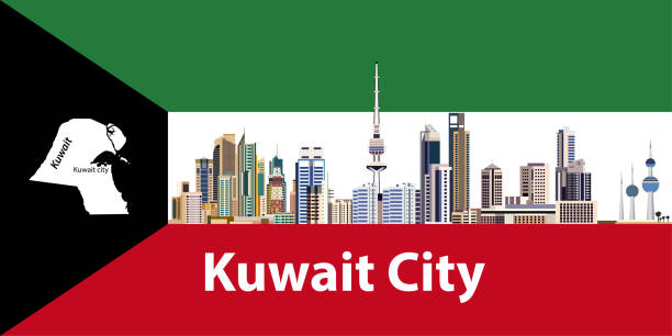 wektor abstrakcyjna karta podróżna z flagą panoramy kuwejtu i kuwejtu - kuwait city stock illustrations
