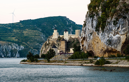 Medieval Golubac fortress and mountains by the road in Serbia