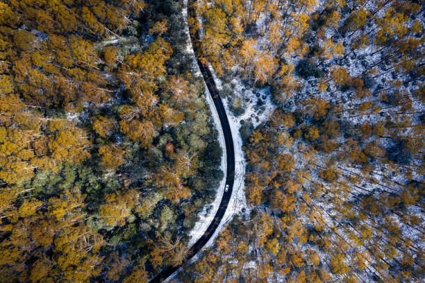 Car Driving on Snow Road Aerial Top down aerial photograph of a car driving along a snow filled road in Victoria, Australia. drone point of view road stock pictures, royalty-free photos & images