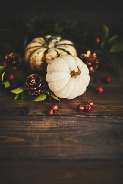 istock Artistic still life fall background with rustic wood and pumpkins 1038376192