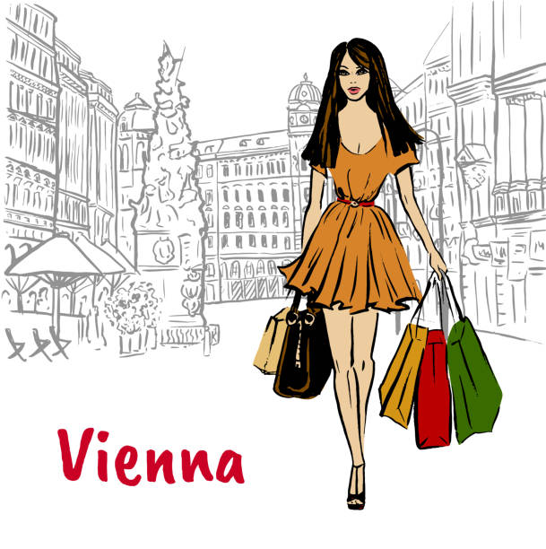 Woman with shopping bags in Vienna Woman with shopping bags in Vienna, Austria. Hand-drawn illustration. Fashion sketch graben vienna stock illustrations