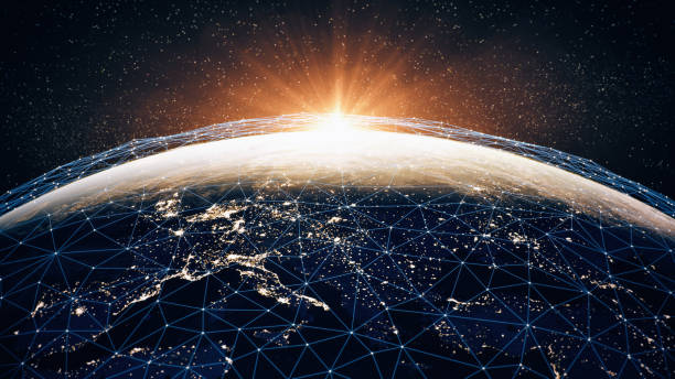 Global Communication Network (World Map Credits To NASA) Globe with connections, city lights and The Sun. blockchain photos stock pictures, royalty-free photos & images