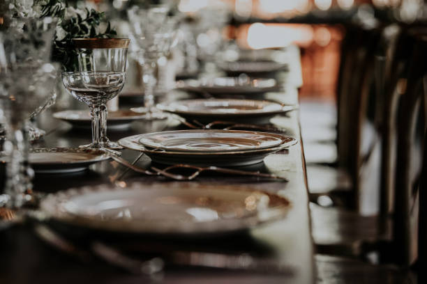 Table is set Wedding reception in barn wedding feast stock pictures, royalty-free photos & images