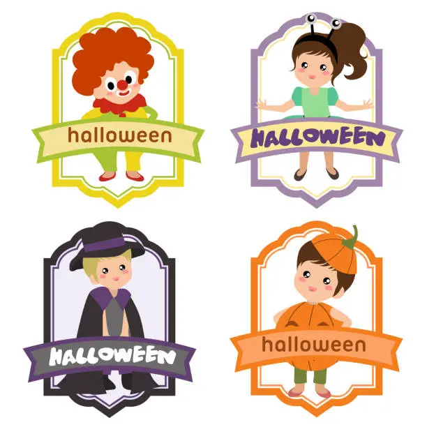 Vector illustration of cute halloween label with clown costume kids