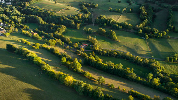 istock Fuldatal - German landscape at sunset - aerial view 1038393174