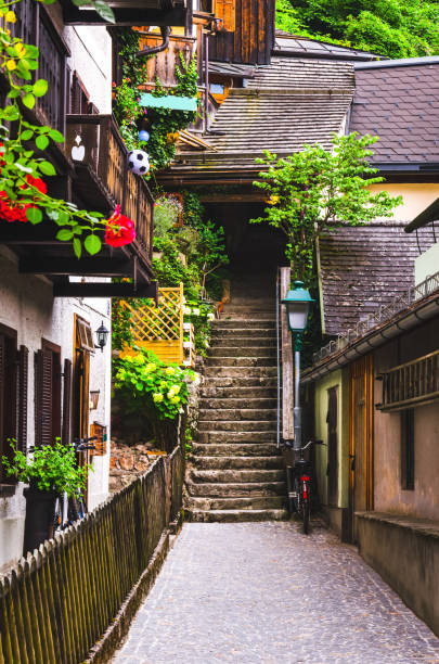 Path between beautiful rural houses leading to stairs