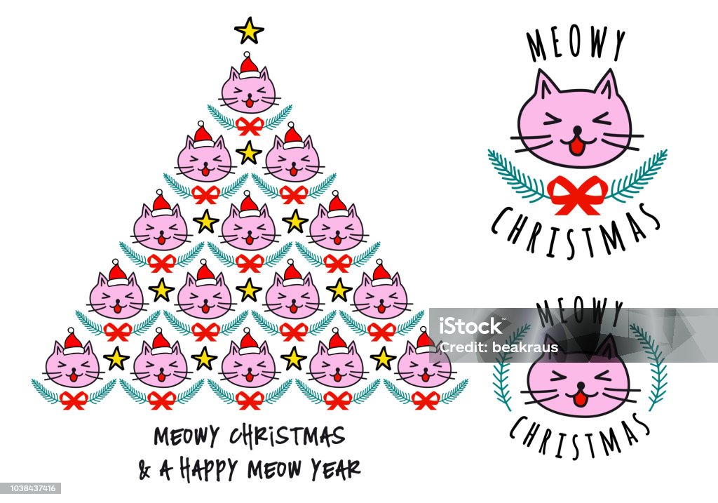 Christmas card with cute cat tree, vector Christmas tree with cat faces, cute kawaii vector illustration for Christmas cards Animal stock vector