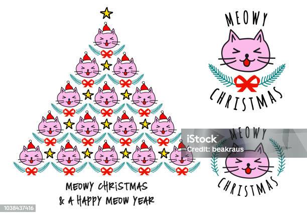 Christmas Card With Cute Cat Tree Vector Stock Illustration - Download Image Now - Animal, Animal Body Part, Animal Head