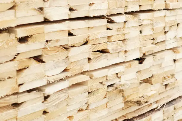 Close up stacked wood planks at sawmill for biomass fuel uk