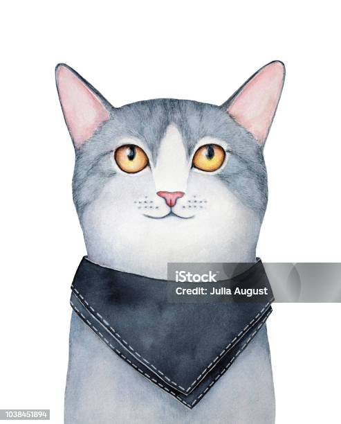 Gray Cat Character Portrait With Bright Yellow Eyes Wearing Black Triangle Bandana With White Stitching Line Looking Up Thinking Or Dreaming Stock Illustration - Download Image Now