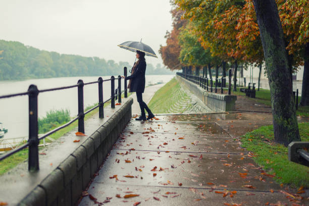 istock Woman with umbrella on a rainy day 1038467056