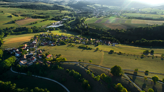 Panoramic aerial view over Rhoen mountains - central german uplands, Germany - sunset