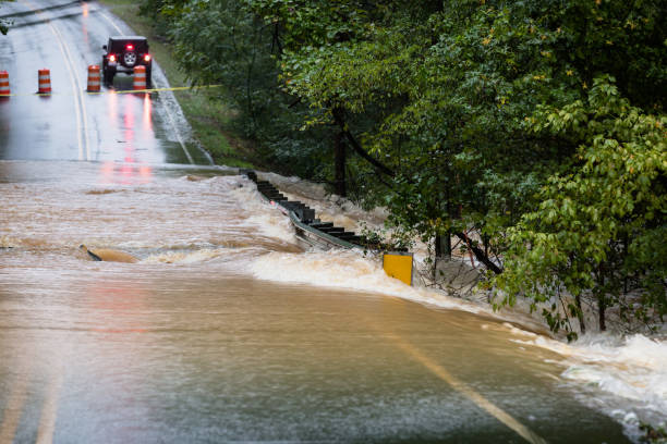 A bridge in Union County, NC is washed out by Hurricane Florence stock photo