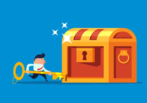 Vector illustration of Businessman takes the key to open the treasure chest