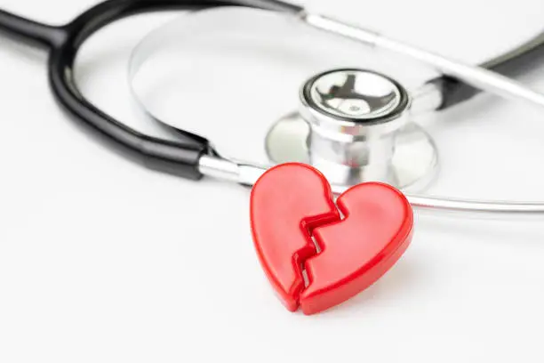 Heart attact or broken heart concept, cute read heart break with medical stethoscope on white background, health care, patient diagnostic and prevention.