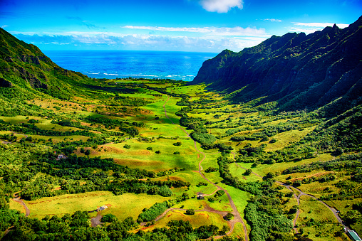 The beautiful valley located in Kualoa on the island of Oahu, Hawaii shot from an altitude of about 2000 feet during a helicopter photo flight.
