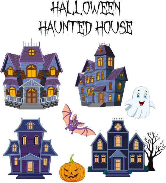 cadılar bayramı perili ev koleksiyonu kümesi - haunted house stock illustrations