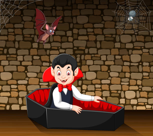 Cartoon happy vampire in his coffin Vector illustration of Cartoon happy vampire in his coffin child casket stock illustrations