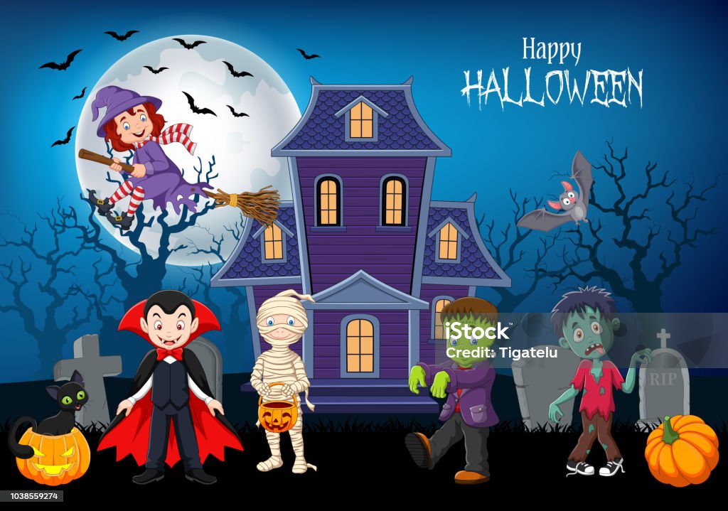 Ilustración de Niños Felices De Dibujos Animados Con El Fondo De Halloween y más Vectores Libres de Derechos de Halloween - iStock Ilustración de Niños Felices De Dibujos Animados Con El Fondo De Halloween y más Vectores Libres de Derechos de Halloween - iStock